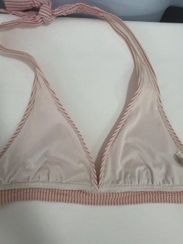 J Crew Pink White Striped Seersucker Halter Bikini Swim Top Size M