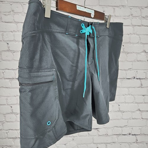 Athleta Gray Teal Cargo Pocket Lace Up Board Shorts Swim Bottoms 12 (34X6)
