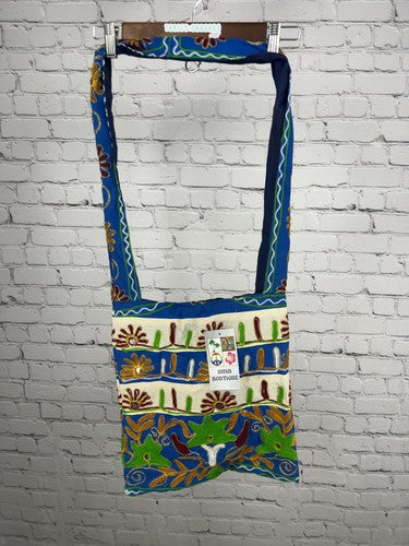 NWD India Boutique Blue Floral Mirror Embroidered Boho Crossbody Shoulder Bag
