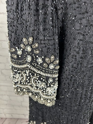 Fashion By Anil 100% Silk Black White Silver Beaded Sequined Blouse L
