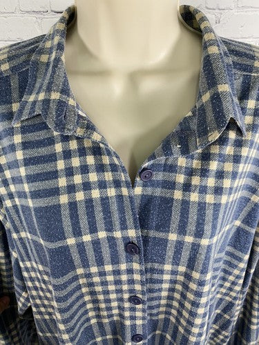 VTG Style New York Blue White Collared Long Sleeve Plaid Flannel Button Up L