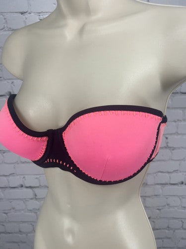 Victoria's Secret Pink Black Whipstitch Padded Strapless Bandeau Bikini Top 34D