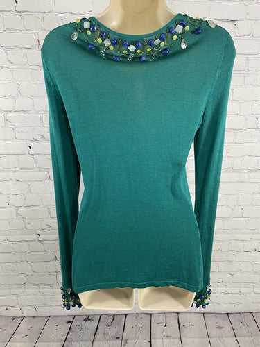 Harold’s Teal Beaded Silk Blend Knit Sweater Long Sleeve Front Closure V Neck S