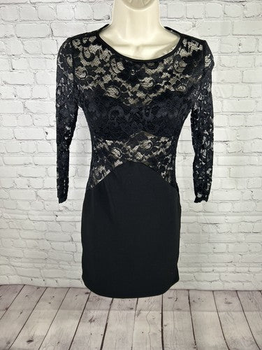 Sentimental NY Black Floral Lace Short Pullover Long Sleeve Bodycon Dress S