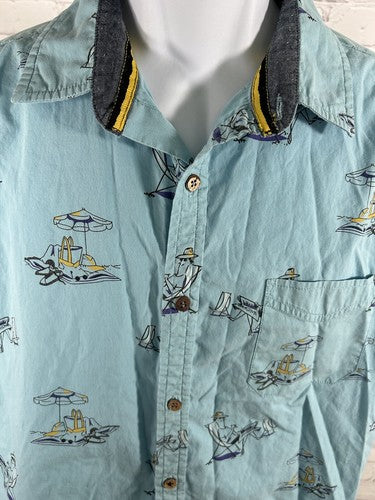 Ditch Plains Ricky Singh Blue Beach Themed Button Down Short Sleeve Shirt L
