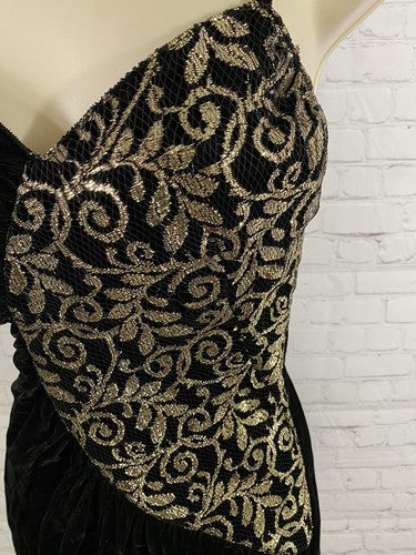 VTG New Leaf Black Gold Spaghetti Strap Velvet Bodycon Dress 5/6 *defect