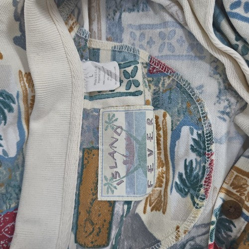 VTG Island Fever Cream Tropical Bahama Print Cotton Short Sleeve Polo Shirt L