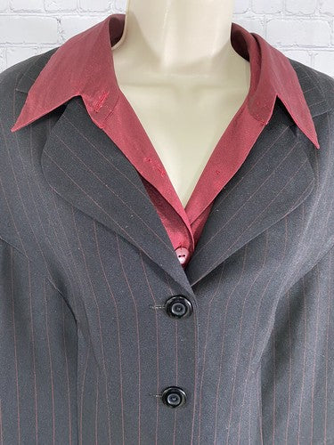 VTG Fashion Bug Black Red Striped Blazer Jacket With Red Dickie Collar 16W