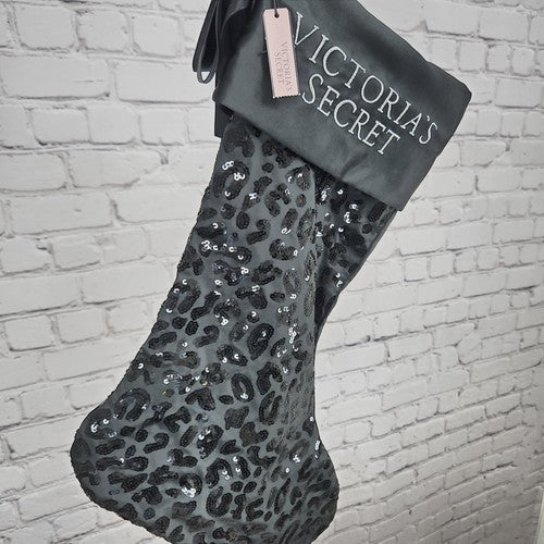 NWT Victoria's Secret Black Sequin Leopard Print Satin Christmas Stocking 18"