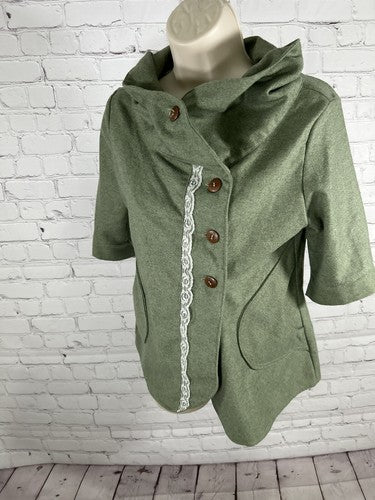 Little Houses Green Wool Button Up Lace Accent Knit Mock Neck Top Women’s M