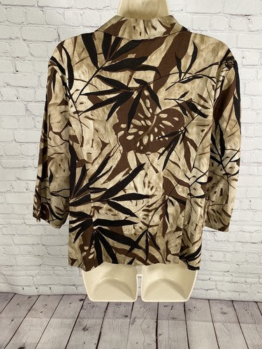 VTG Ellen Figg Linen Cotton Blend Brown Black Leafy Print Button Up Blouse 14