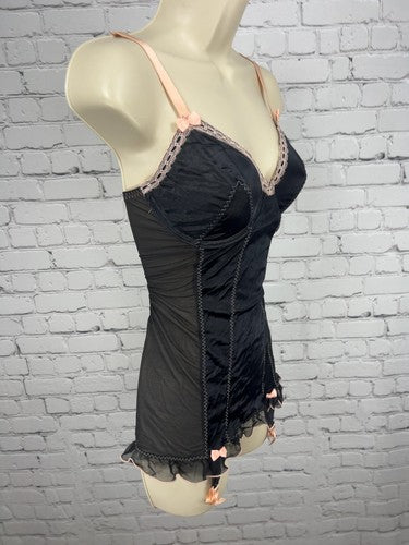 VTG Victoria's Secret Black Pink Satin Mesh Garter Babydoll Chemise Slip 36C