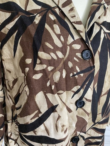 VTG Ellen Figg Linen Cotton Blend Brown Black Leafy Print Button Up Blouse 14