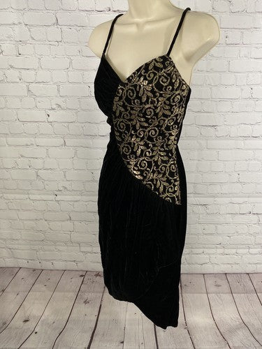 VTG New Leaf Black Gold Spaghetti Strap Velvet Bodycon Dress 5/6 *defect