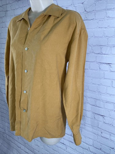 VTG Harold’s Gold Silk Oyster Shell Long Sleeve Button Up Blouse Top Petite P