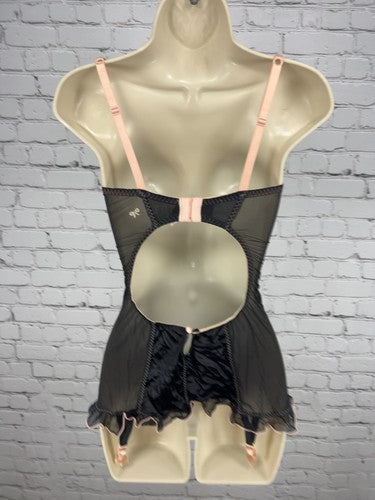 VTG Victoria's Secret Black Pink Satin Mesh Garter Babydoll Chemise Slip 36C