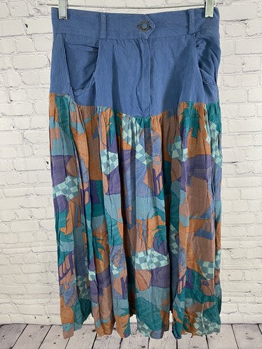 VTG A.K.F. New York Blue Geometric Pleated Pocket Belt Loop Button Zip Skirt 10