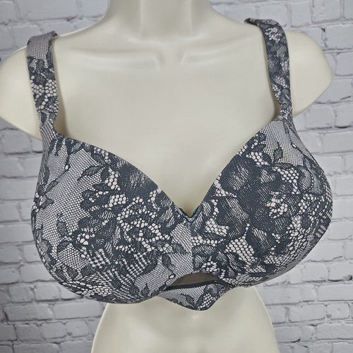 Cacique Black Blush Lace Print Lightly Lined Underwire Balconette Bra 42DD