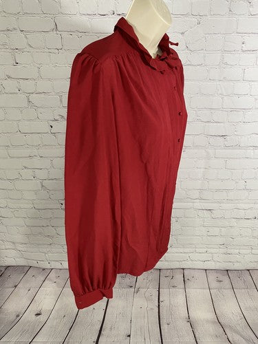 VTG Lorch Red Button Up Pleated High Neck Ruffle Long Sleeve Blouse Top USA 12