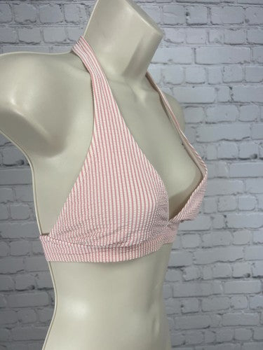 J Crew Pink White Striped Seersucker Halter Bikini Swim Top Size M