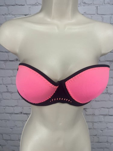 Victoria's Secret Pink Black Whipstitch Padded Strapless Bandeau Bikini Top 34D