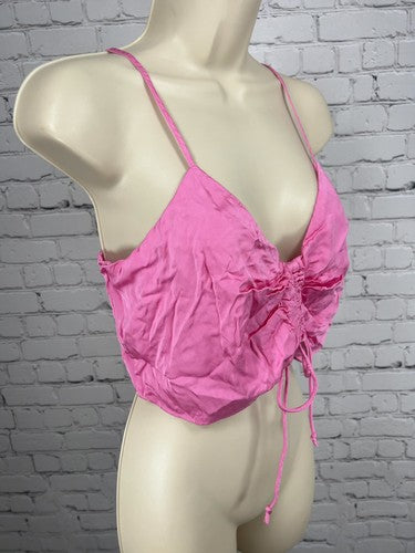 Aerie Pink Ruched Drawstring Front V Neck Cami Crop Top Size S