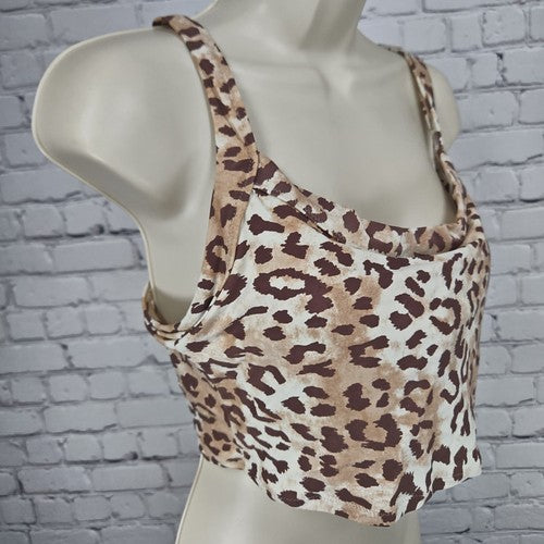 Aerie Cream Brown Leopard Print Scoop Neck Lined Bikini Swim Top Size L