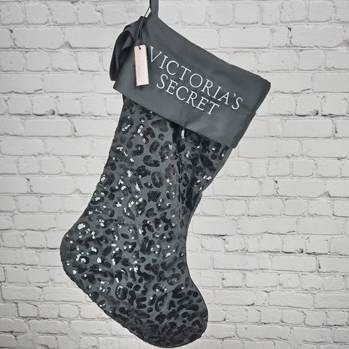 NWT Victoria's Secret Black Sequin Leopard Print Satin Christmas Stocking 18"