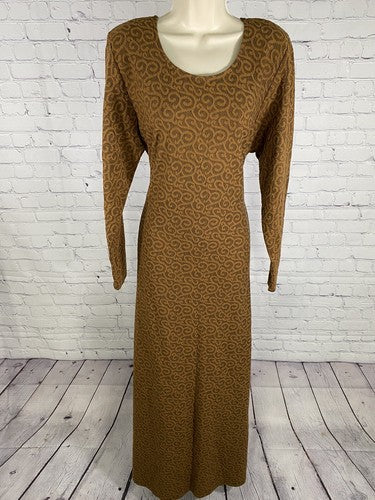 Cynthia Brown Swirly Long Sleeve Belted Side Slit Pullover Shoulder Pad Dress L