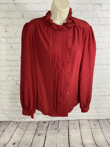 VTG Lorch Red Button Up Pleated High Neck Ruffle Long Sleeve Blouse Top USA 12