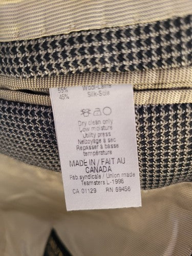Peerless Couture International Silk & Wool Check Nailshead Black Gray Blazer 40R