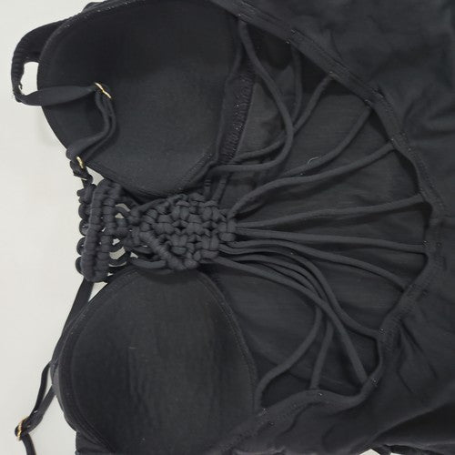 Hilor Black Macrame Strappy Back V Neck One Piece Swimsuit Bathing Suit 12