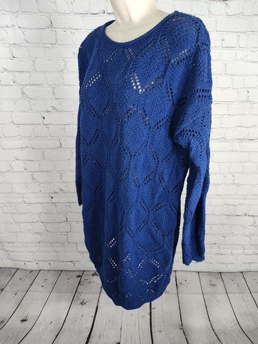VTG Huntington Ridge Royal Blue Round Neck Pullover Open Knit Sweater Size Large