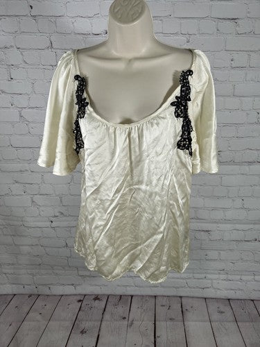 Chelsea Flower Ivory 100% Silk Rhinestones Embroidered Scoop Neck Blouse M