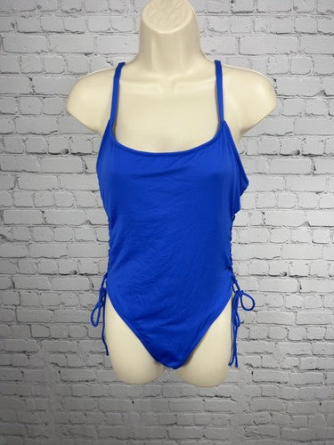 Shade & Shore Blue Ruched Side Tie Strappy Back One Piece Swimsuit Size L