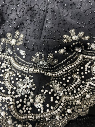 Fashion By Anil 100% Silk Black White Silver Beaded Sequined Blouse L