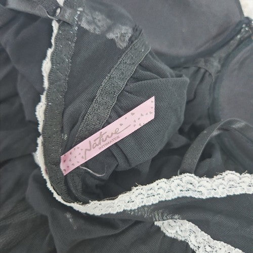 Nature Intimates Black White Lace Trim Tiered Mesh Underwire Babydoll 36B