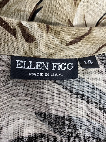 VTG Ellen Figg Linen Cotton Blend Brown Black Leafy Print Button Up Blouse 14