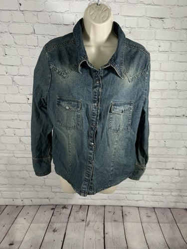 Stonebridge Medium Wash Long Sleeve Denim Snap Up Shirt Quilted Colorful Back PL