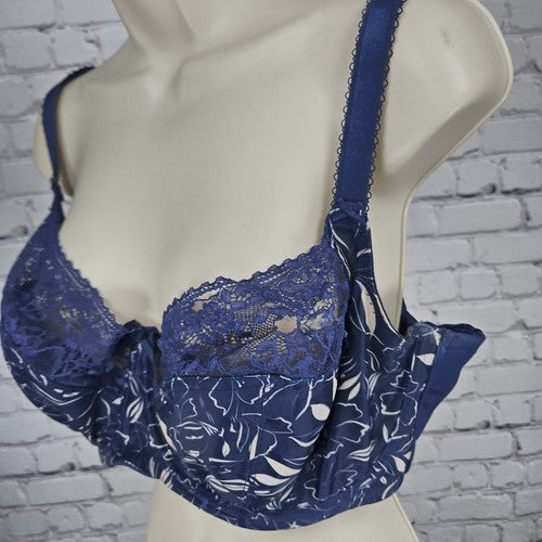 Sculptress Blue Floral Print Semi Sheer Lace Unlined Underwire Bra 40FF