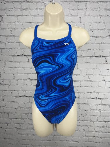 TYR Blue Swirl Print Cross Back One Piece Swimsuit Bathing Suit Size 32 M