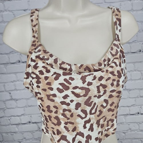 Aerie Cream Brown Leopard Print Scoop Neck Lined Bikini Swim Top Size L