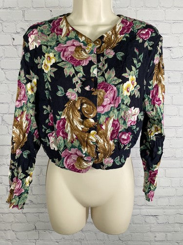 VTG Marnie West Colorful Floral Long Sleeve Button Up Cropped Blouse Womens L