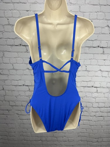 Shade & Shore Blue Ruched Side Tie Strappy Back One Piece Swimsuit Size L