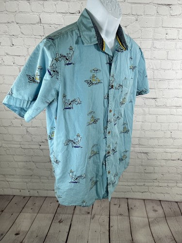 Ditch Plains Ricky Singh Blue Beach Themed Button Down Short Sleeve Shirt L