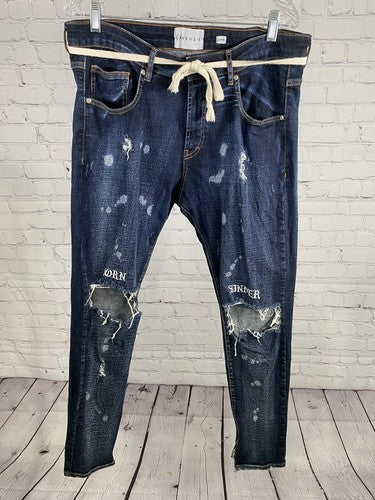 LAKENZIE Dark Wash Distressed Born Sinner Embroidered Denim Zipper Ankle Jeans L