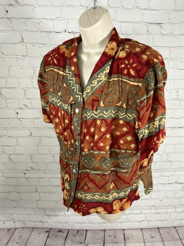 VTG Alix Taylor Short Sleeve Geometric Shoulder Padded Oyster Shell Button Up 18