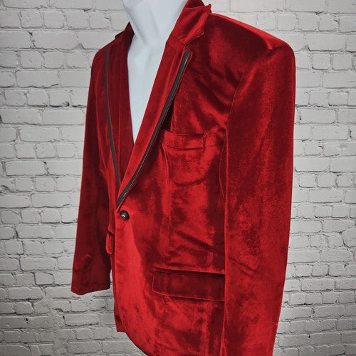 Thwei Red Velvet Faux Leather Trim 1 Button Notch Lapel Blazer Sport Coat M