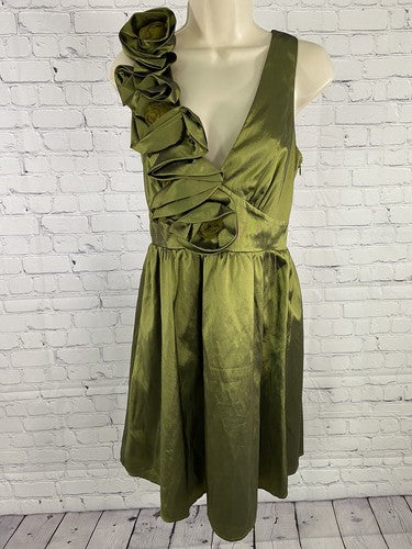 Fab’rik Shiny Green V Neck Ruffle Flower Sleeveles A Line Dress M Medium