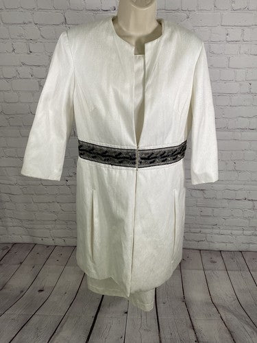 Sharagano Suits White Shift Dress Long Jacket 2 Piece Set Embroidered Beaded 12